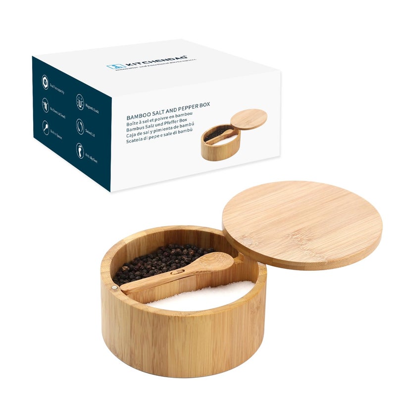 KITCHENDAO Bamboo Salt and Pepper Bowl Box Cellar Container Divided, Built-in Serving Spoon to Avoid Dust, Swivel Lid to Keep Dry, Sea Salt Spice Seasoning Keeper Holder, Dual 7 Ounce Capacity - Image 1